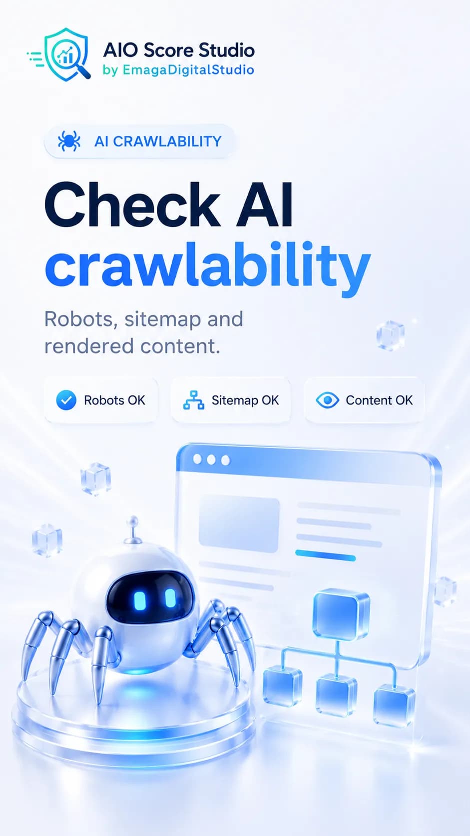 AI crawlability dashboard showing sitemap, robots.txt, rendered HTML, noindex, and internal link checks.