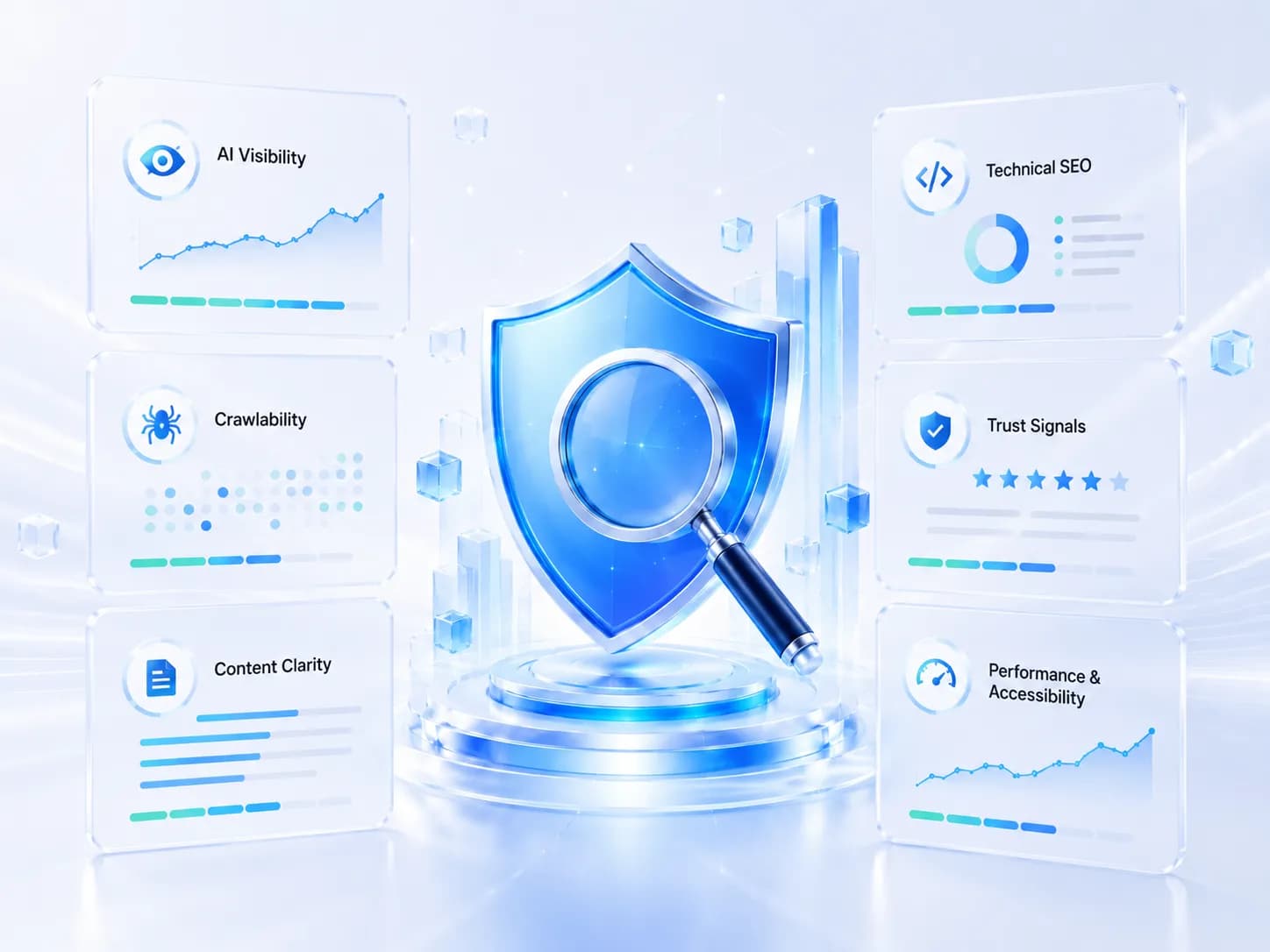 AIO Score Studio measurement categories for AI visibility, crawlability, content clarity, technical SEO, trust signals, performance and accessibility.