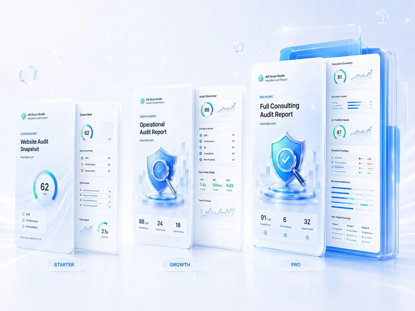 Starter, Growth and Pro AIO Score Studio report package visuals.
