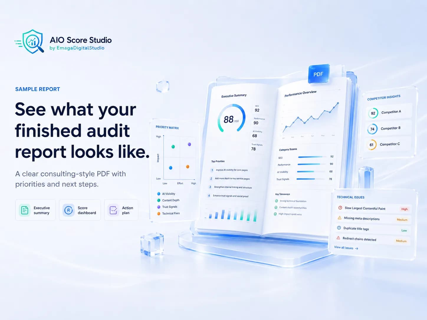 AIO Score Studio report deliverables including prompt evidence, competitor insights, technical issues, priority matrix and roadmap.