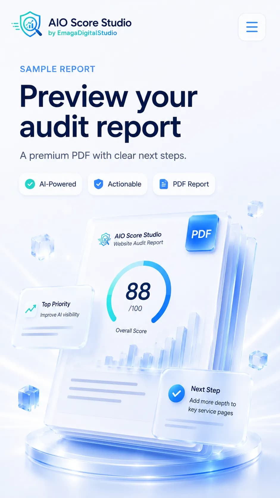 Sample AIO Score Studio audit dashboard showing main score, category scores, problems, opportunities, competitor mentions, technical issues, recommendations, and 30-day plan.