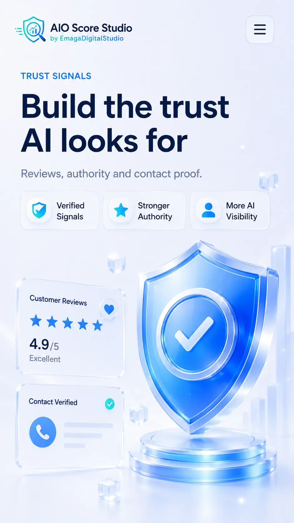 Trust signals dashboard with authority, review sentiment, evidence checklist, and contact completeness.