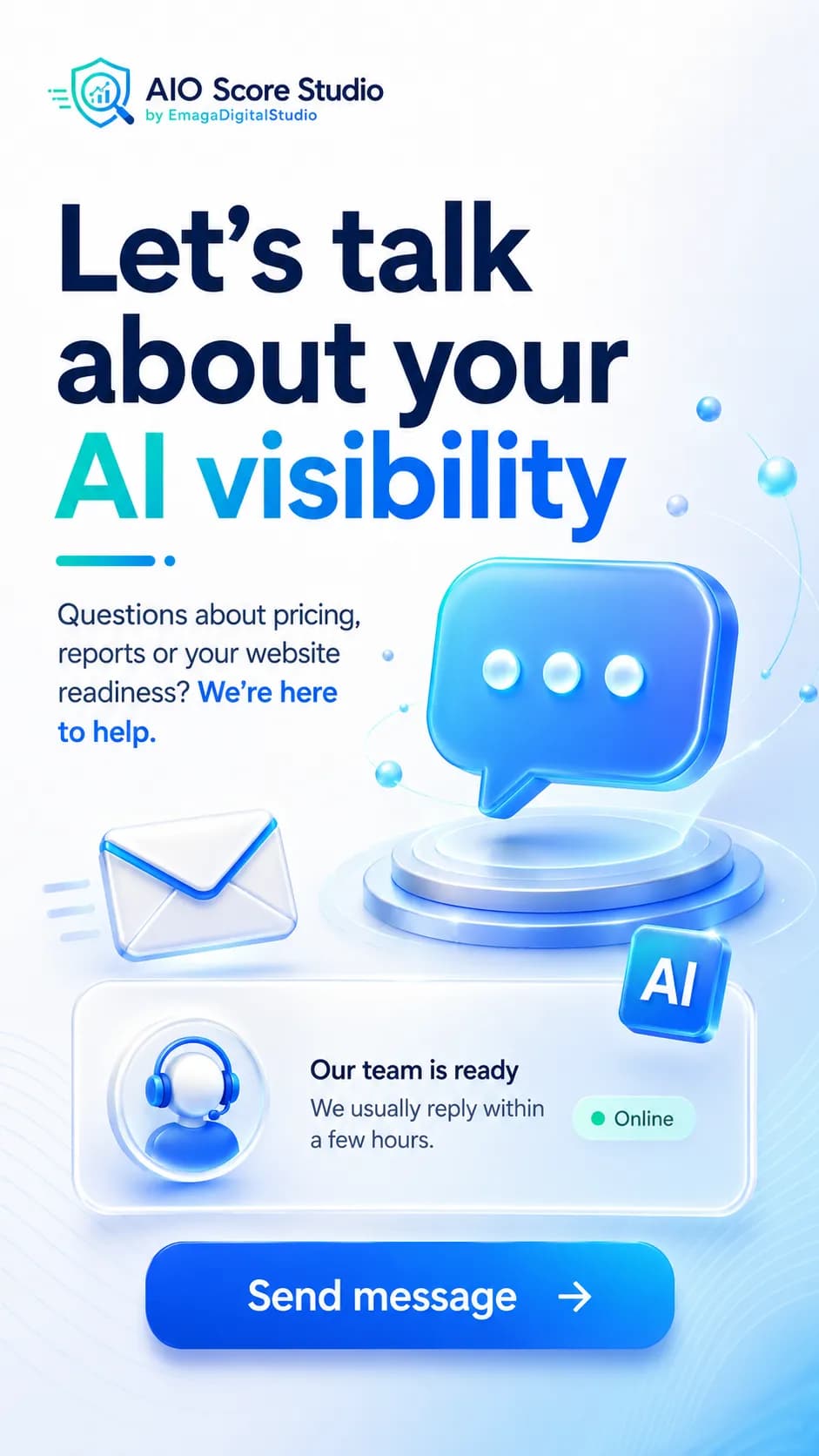 AIO Score Studio contact visual inviting visitors to discuss AI visibility.