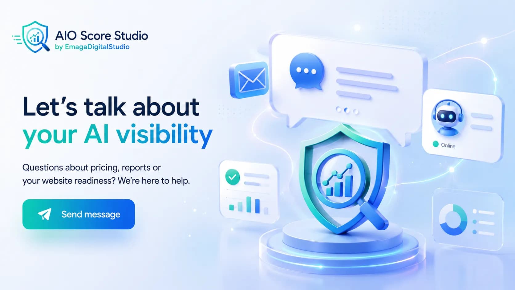 AIO Score Studio contact visual inviting visitors to discuss AI visibility.