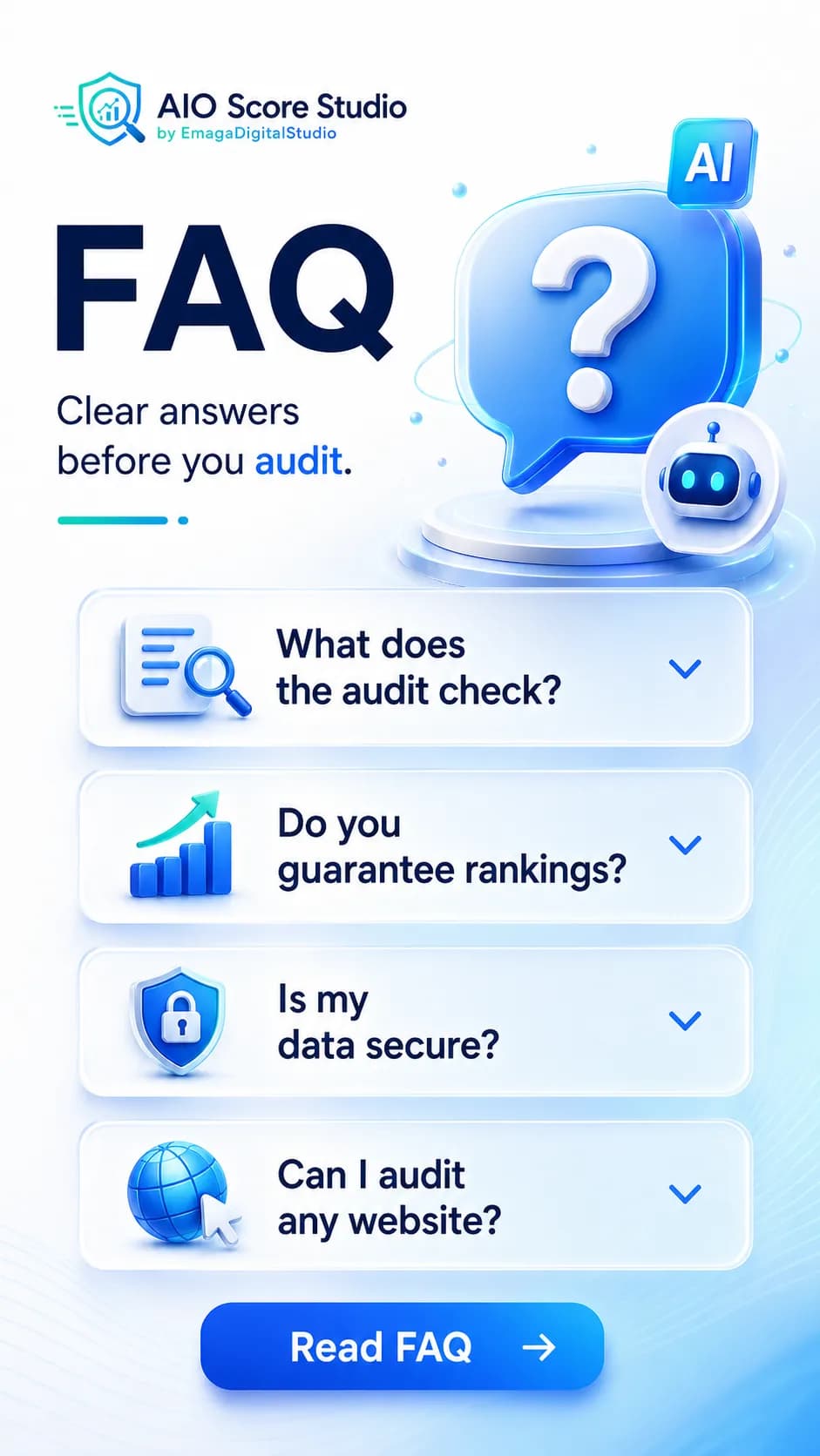 FAQ page visual with clear answers before audit and frequently asked questions.